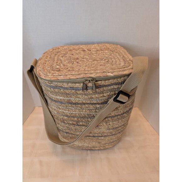 Woven Insulated Cooler Bag Adjustable Strap & Zip Closure Water Lily & Cornhusk - Picture 2 of 13